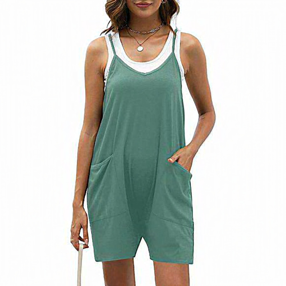 Women's Casual Sleeveless Loose‎ Spaghetti Straps Rompers with Pockets X-Large